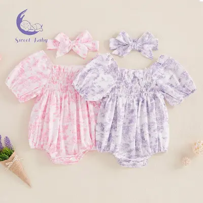 Baby Girls Rompers Floral Print Ruched Puff Sleeve Toddler Bodysuits Summer Clothes Infant Jumpsuits with Headband Dress Cute...