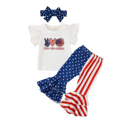 Little Girls' 4th of July Independence Day Toddler Kids Outfit Stitching Color Flared Pants Clothing Sets Babygirl Clothes Cl...