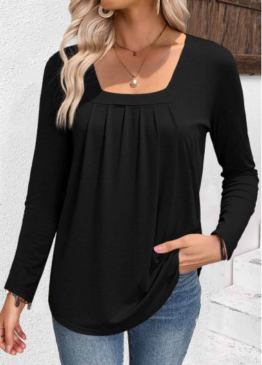 Modlily Black Long Sleeve Square Neck T Shirt - L