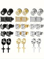 Fashionable Geometric & Cross Design Earrings Set, Gifts for Girlfriend, Artificial Zircon Decor Ear Piercing Jewelry, Stainl...