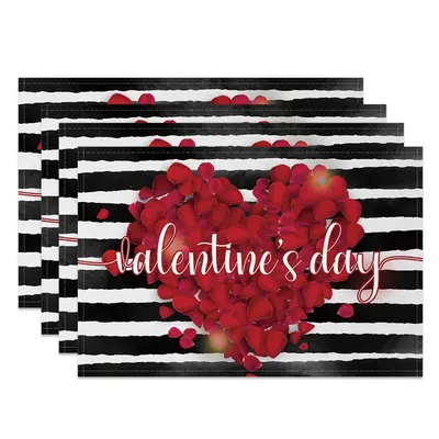 Aperturee Red Rose Petals Black White Stripe Set Of 4 Placemats, 14x12 Inch, 15.8 USD, NYLX00555-S, placemats