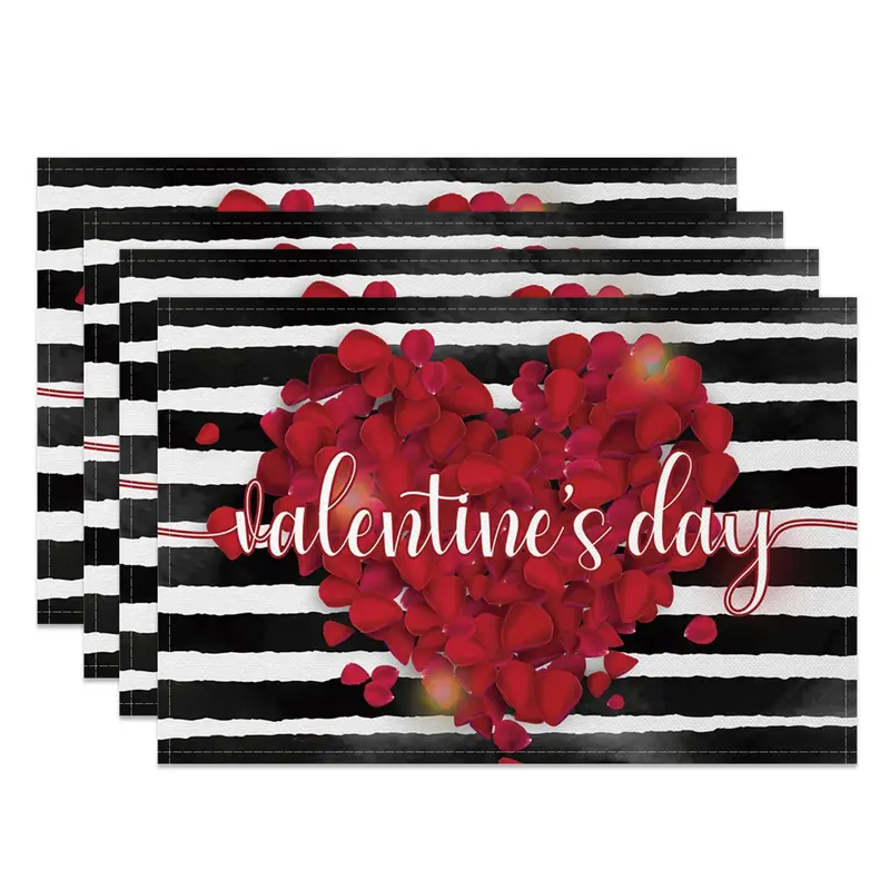 Aperturee Red Rose Petals Black White Stripe Set Of 4 Placemats, 14x12 Inch, 15.8 USD, NYLX00555-S, placemats