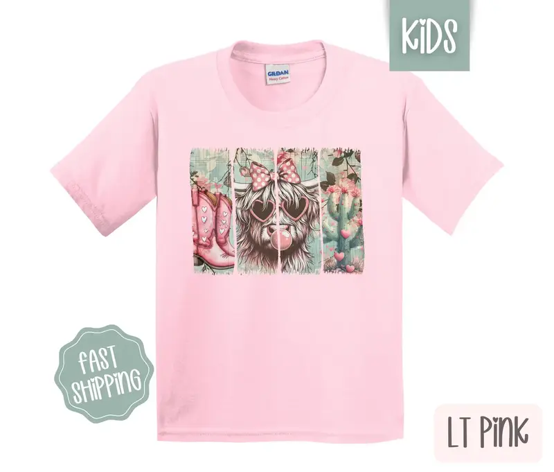 Valentine Cow Kids Shirt - Valentine's Day Children's Tshirt - Western Youth Tee Gildan