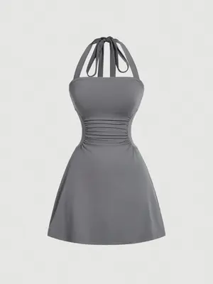 Women's Plain Ruched Tie Back Halter Dress, Casual Chic Sleeveless A Line Short Dress for Summer, Ladies Clothes for Daily W...