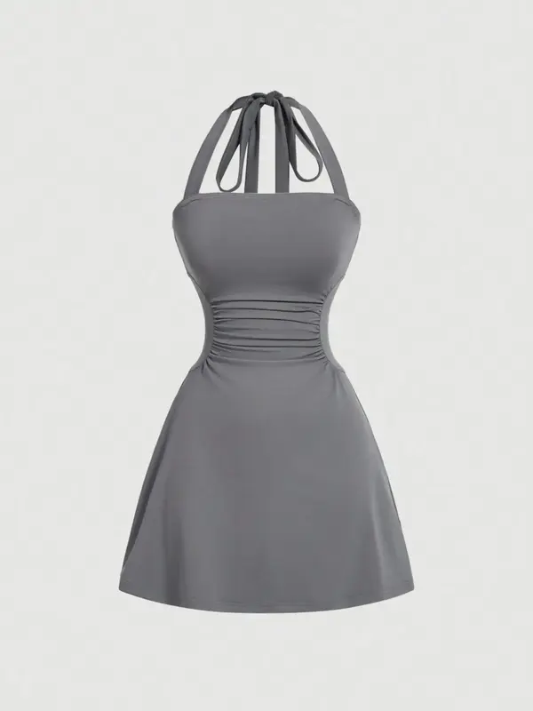 Women's Plain Ruched Tie Back Halter Dress, Casual Chic Sleeveless A Line Short Dress for Summer, Ladies Clothes for Daily W...