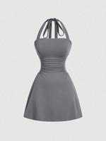 Women's Plain Ruched Tie Back Halter Dress, Casual Chic Sleeveless A Line Short Dress for Summer, Ladies Clothes for Daily We...