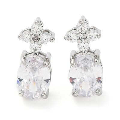 Brass Pave Cubic Zirconia Flower & Oval Stud Earrings for Women
