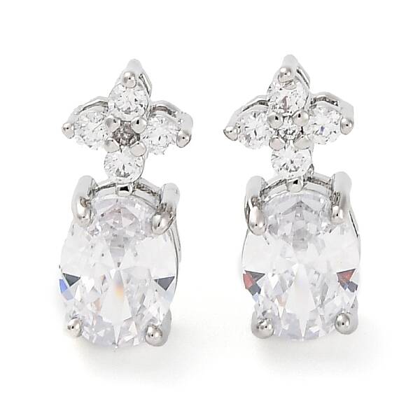 Brass Pave Cubic Zirconia Flower & Oval Stud Earrings for Women