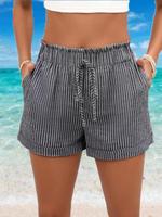 Women's Solid/striped Print Tie Waist Shorts, Casual Comfy Shorts for Summer, Ladies Bottoms for Beach Vacation Holiday, Wome...