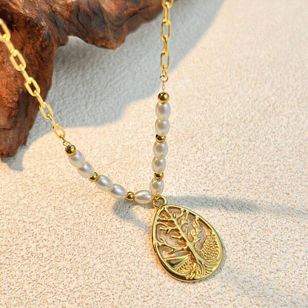 304 Stainless Steel & Plastic Pearl Teardrop with Tree Pendant Necklaces for Women