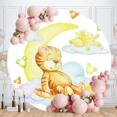 Aperturee Circle Sleepy Tiger And Moon Baby Shower Backdrop