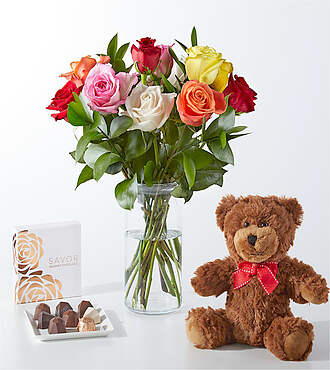 Mixed Roses Gift Sets - 12 Roses with Vase Chocolate, and Bear - FedEx