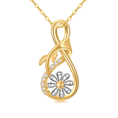 14K Gold Circular Shaped Cubic Zirconia Daisy Pendant Necklace