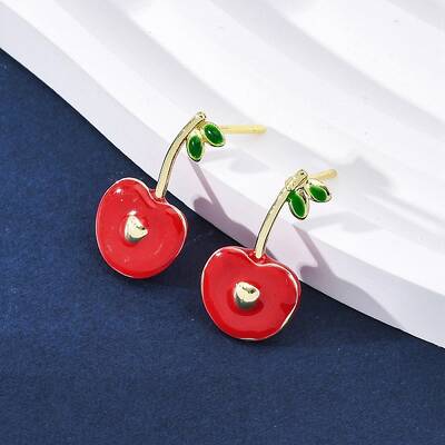 Cherry Brass Enamel Stud Earrings for Women