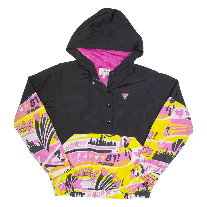 GUESS Mesh Lined Womens Pullover Jacket Black USA Hooded Crazy Pattern UK 16