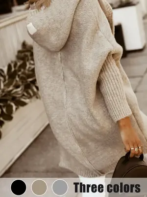 Women's Plain Chunky Open Front Hooded Knitted Cardigan, Casual Batwing Sleeve Cardigan Outfits, Women Knitwear for Fall & Wi...