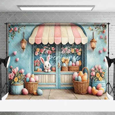 Aperturee Blue Wall Floral Eggs Bunny Easter Photo Backdrop, 3X2FT(1MX0.6M), 14 USD, easter backdrops, ENHD3J15-M