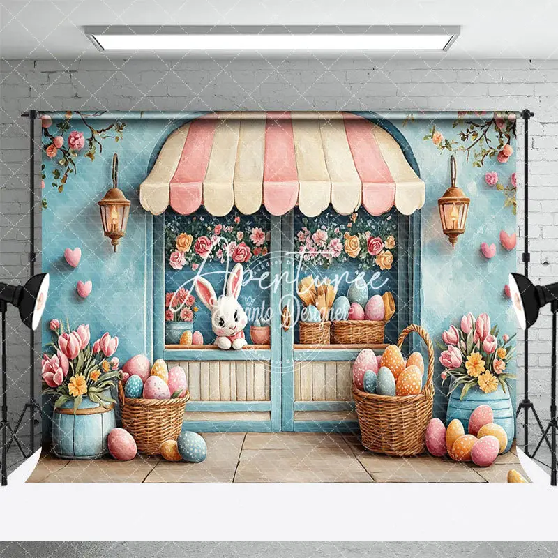 Aperturee Blue Wall Floral Eggs Bunny Easter Photo Backdrop, 3X2FT(1MX0.6M), 14 USD, easter backdrops, ENHD3J15-M