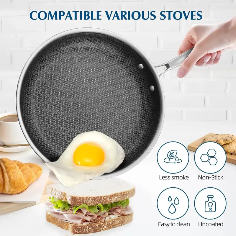 11.8 Inch 316 Stainless Steel Frying Pan with Lid – Tri-Ply Honeycomb Nonstick Skillet for Eggs and Omelets – PFOA Free H...