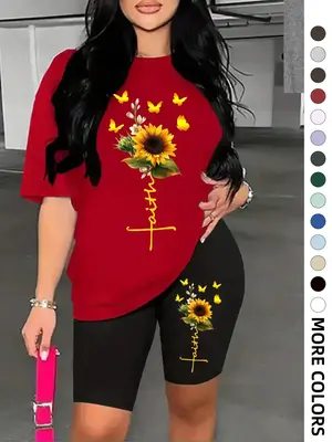 Two-Piece Set Women's Graphic Drop Shoulder Tee & Skinny Shorts Set, Floral Print Half Sleeve T-Shirt & Shorts, Casual Summer...