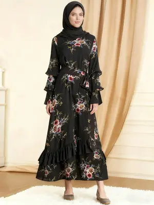 Elegant Rose Print Long Dress, Round Neck Loose-Fit Thin Fabric, Back Zipper Design, Perfect for All Seasons, Women's Fashion