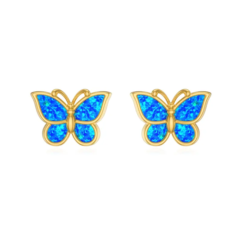 Sterling Silver with Yellow Gold Plated Opal Butterfly Stud Earrings