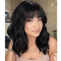 Nnzes Black Bob Curly Wig Synthetic Short Wig with Bangs Natural Looking Heat Resistant Fiber Hair for Women