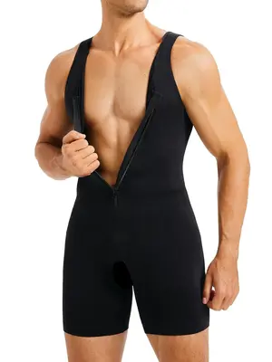 Men's Solid Zipper Shapewear Bodysuit, High Stretch Tummy Control Shapewear for Men, Compression Shirts Full Body Shapewear f...