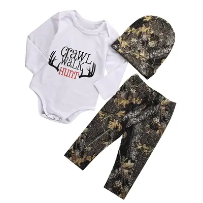 0-18Months 3Pcs Newborn Baby Boy Clothes Long Sleeve Romper Onesie Camo Pants with Hat Infant Outfit Crawling Walk