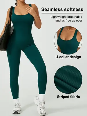 OPAAK Women Solid color Black Seamless Ribbed Tight Fitting Sports Tank Unitard Soft and Comfortable Waist Controlling Shapin...