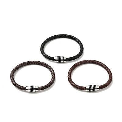 Leather Braided Cord Bracelet with 304 Stainless Steel Magnetic Column Clasps for Men Women