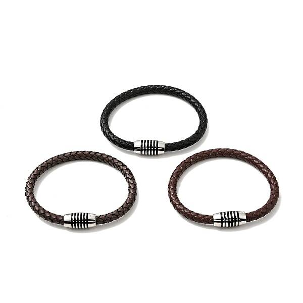 Leather Braided Cord Bracelet with 304 Stainless Steel Magnetic Column Clasps for Men Women