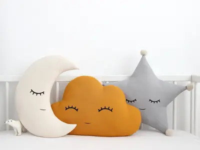 Set of 3 Pillows - Mustard Cloud, Crescent Moon (2 colors) and Gray Star Pillows