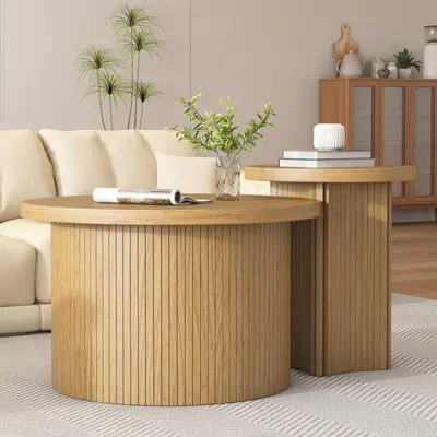 Coffee Table Fluted Nesting Coffee Table Set of 2 Set, Round Wooden Coffee Table for Living Room, Office, Balcony (Large 2-pi...