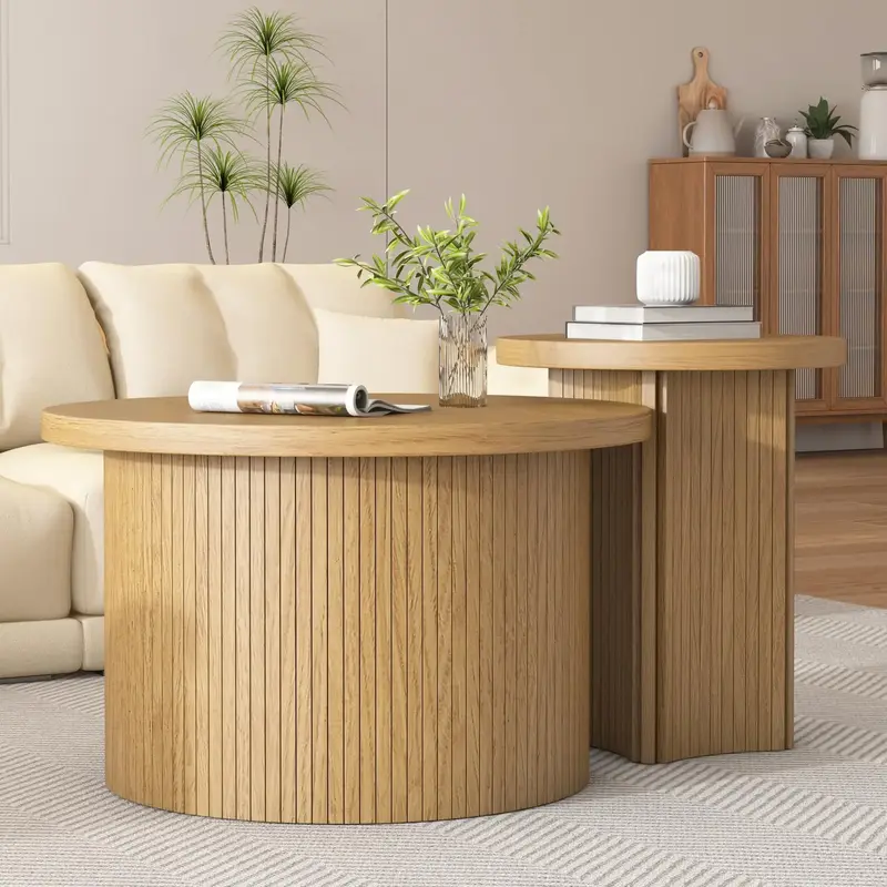 Coffee Table Fluted Nesting Coffee Table Set of 2 Set, Round Wooden Coffee Table for Living Room, Office, Balcony (Large 2-pi...