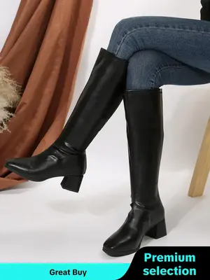 Women's Fashionable Solid Boots, Knee High Boots, Casual Pointed Toe Zipper Design Knee Boots for Daily Wear, Female All-matc...