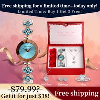 Fashion jewelry watch set, ladies' four-leaf clover bracelet watch, luxurious design with necklace, ring, stud earrings, hear...