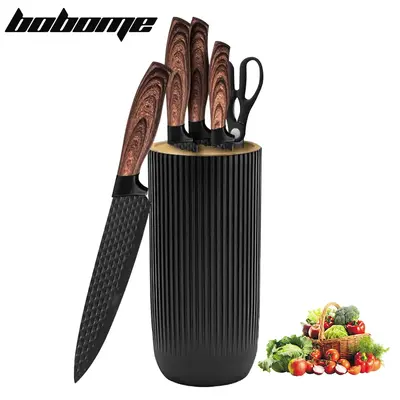 6-Piece Black Kitchen Knife Set for Home, Anti-Rust Non-stick Stainless Steel Sharp Chef Knife Set with Universal Block for K...