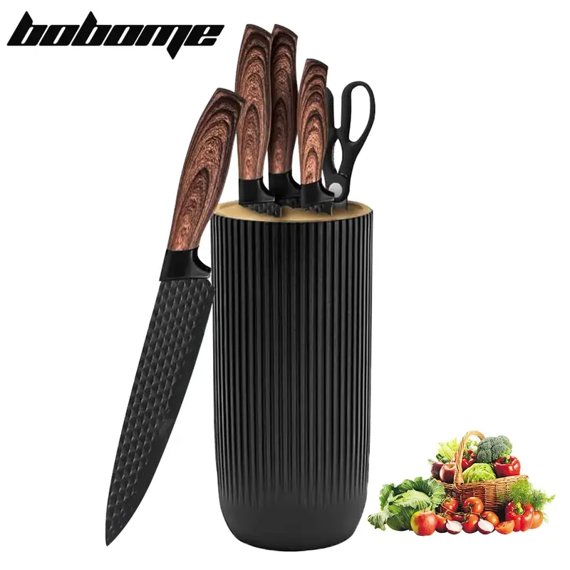 6-Piece Black Kitchen Knife Set for Home, Anti-Rust Non-stick Stainless Steel Sharp Chef Knife Set with Universal Block for K...
