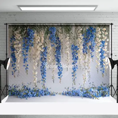 White Blue Vine Flower Leaves Photography Backdrop - Aperturee