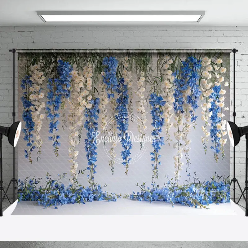 White Blue Vine Flower Leaves Photography Backdrop - Aperturee