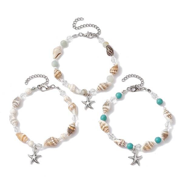 3Pcs 3 Style Alloy Starfish Charm Bracelets Set