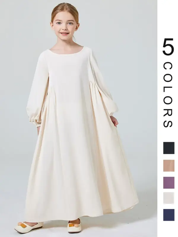 Girl's Solid Lantern Sleeve Abaya Dress, Modest Long Sleeve Round Neck Long Dress for Party Wedding Guest, Kids Summer Clothe...