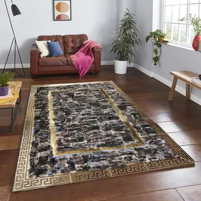 Brown with Blue Reflections Sheepskin Fur Rug with Gold Frame