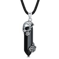 Skull Necklace 925 Sterling Silver Skull and Rose Pendant Necklace Black Quartz Crystal Gothic Halloween Jewlery Gifts for Wo...