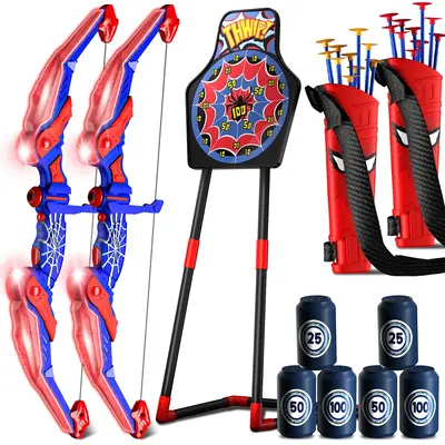 Spider-themed bow & arrow set with LED lights, spider quiver, target, 8 suction cup arrows. Toy gift for boys ages 3+ (ideal ...