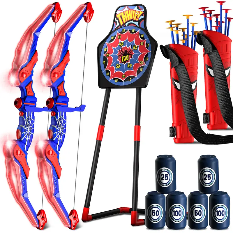 Spider-themed bow & arrow set with LED lights, spider quiver, target, 8 suction cup arrows. Toy gift for boys ages 3+ (ideal ...