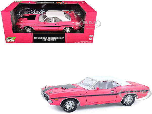 1970 Dodge Challenger R/T 440 Six Pack Panther Pink with Black Stripes, White Top and White Interior 1/18 Diecast Model Car b...