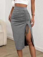 Women's Solid Adjustable Drawstring Ruched Split Thigh Bodycon Skirt, Fitted Fashion Chic Girls Skirt, Casual Knee Length Ski...