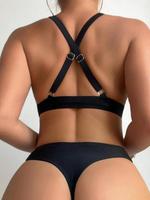 Two-Piece Set Women's Solid Criss Cross Deep V Neck Swimsuit, Casual Swim Top & High Waist Swim Bottom, Summer Beach Swimwear...